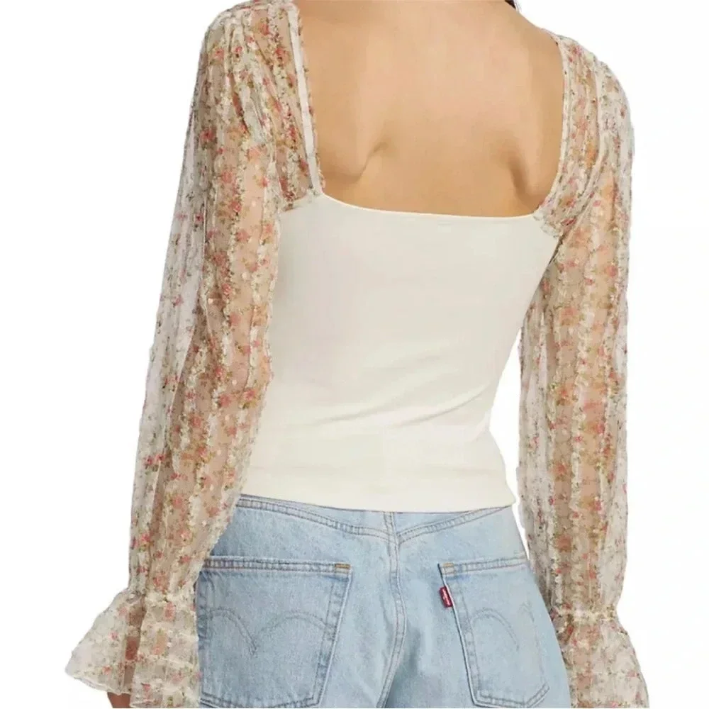 NWT FREE PEOPLE GIMMIE BUTTERFLIES SHEER SLEEVE TOP Size XS